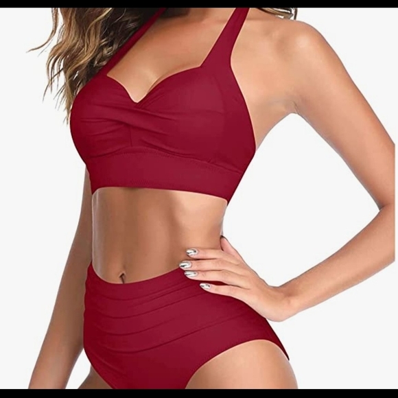 Two Piece Vintage Swimsuit Retro Halter Ruched High Waist Bikini with Bottom - Picture 4 of 11